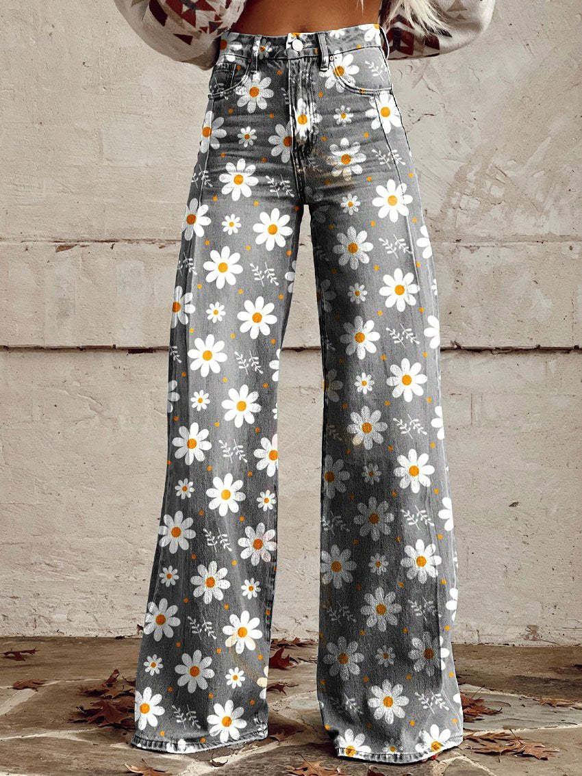 CLARA - PANTALÓN ANCHO CON FLORES BLANCAS